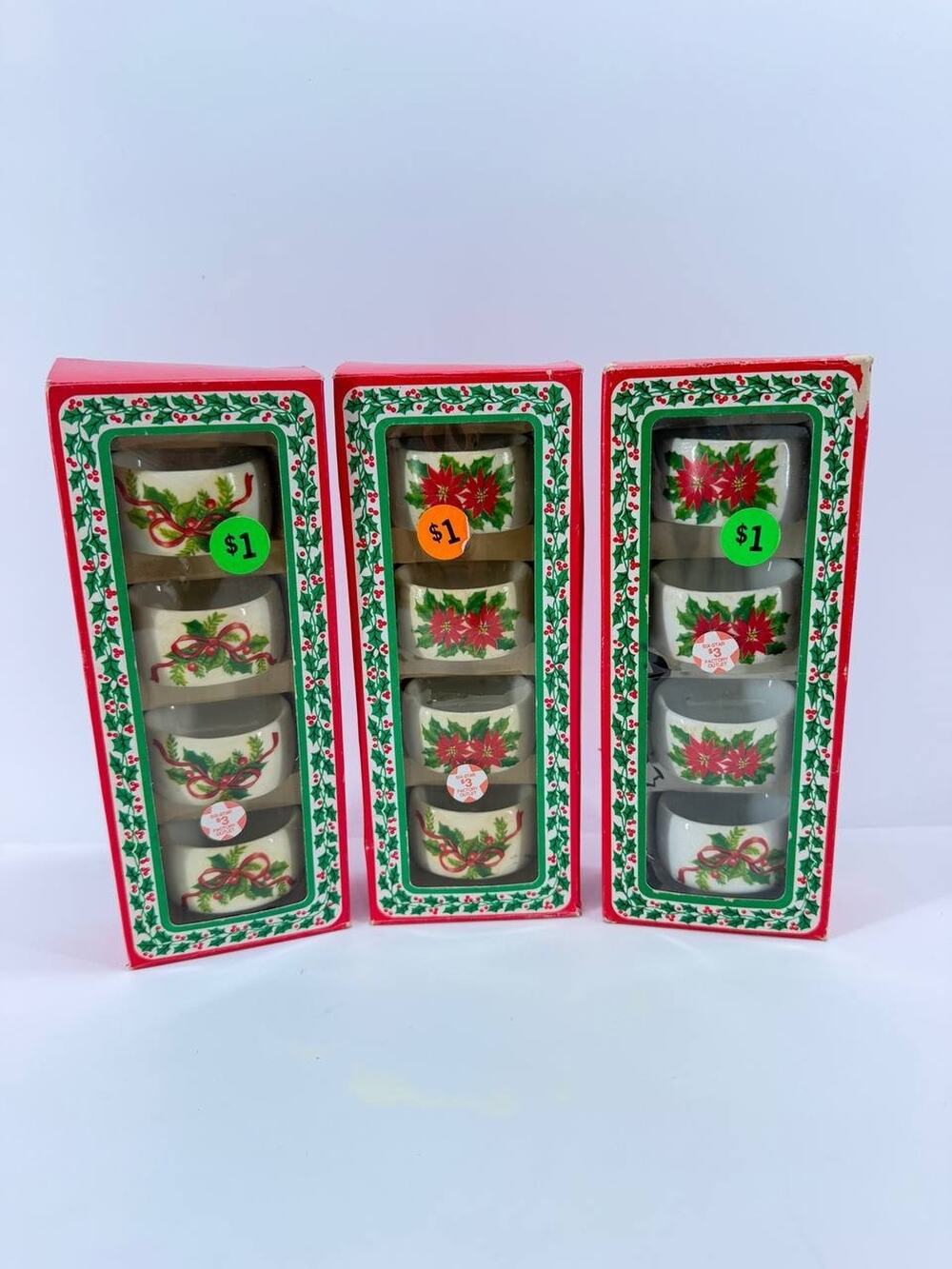 Vintage Artmark Porcelain Christmas Napkin Rings Poinsettia Holly Boxed